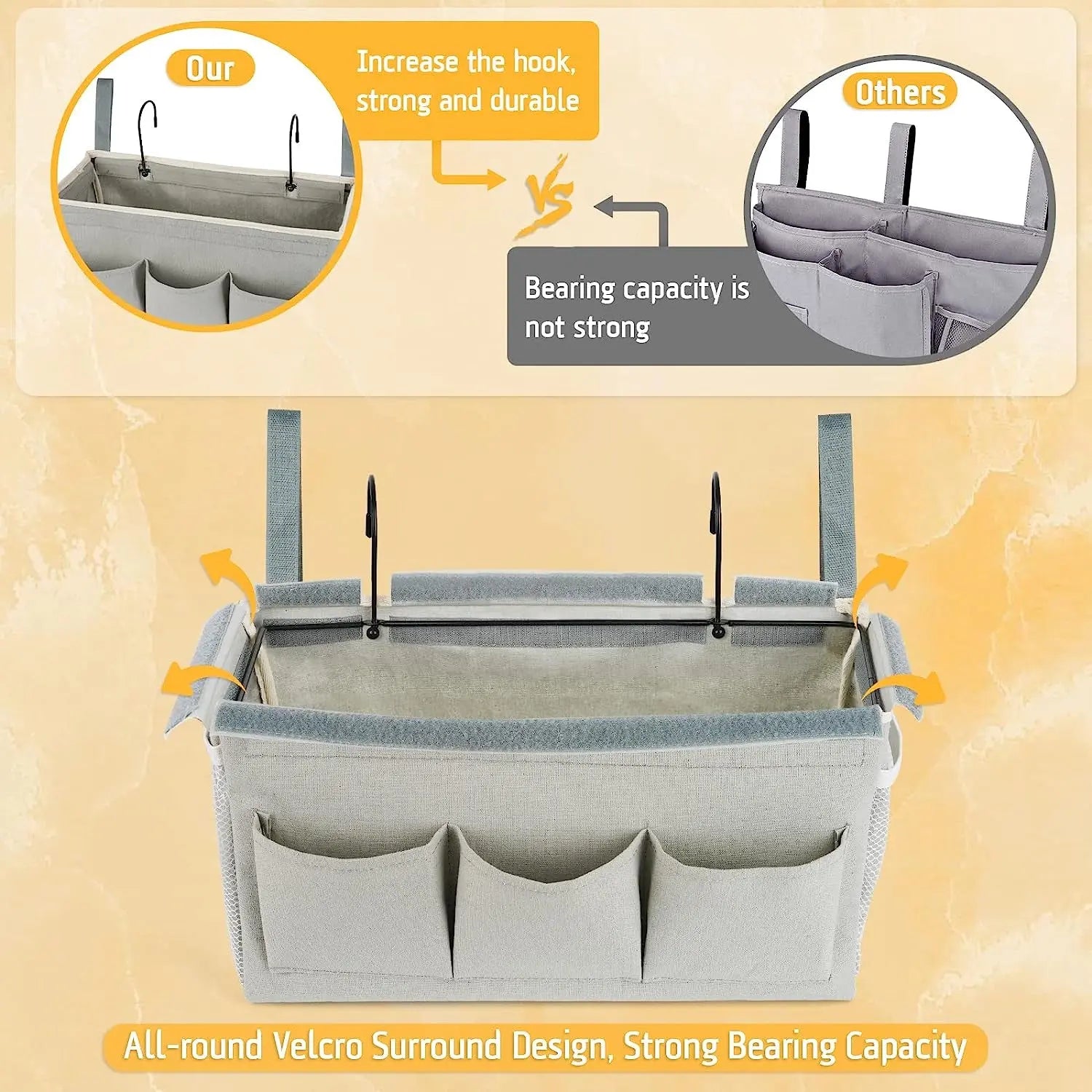 Bedside Storage Organizer with Fixed Straps and Water Bottle Holder for Home, College, Dorm, Bunk / Hospital Bed, Crib Bed Rails (Grey)