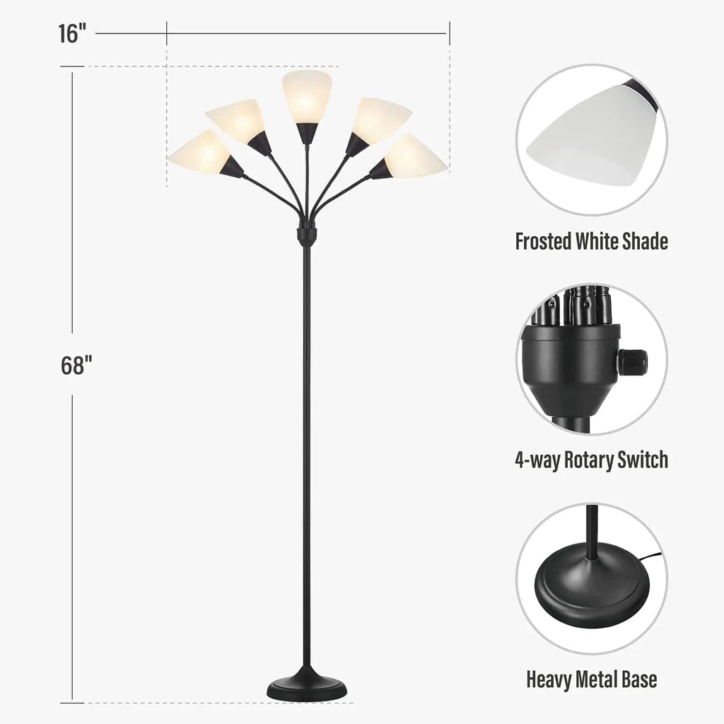 Medusa Floor Lamps Standing Lamps 5 Heads Adjustable Reading Light Large Shade Use E26 A19 Bulb Floor Lamps for Living Room Bedroom (Black)