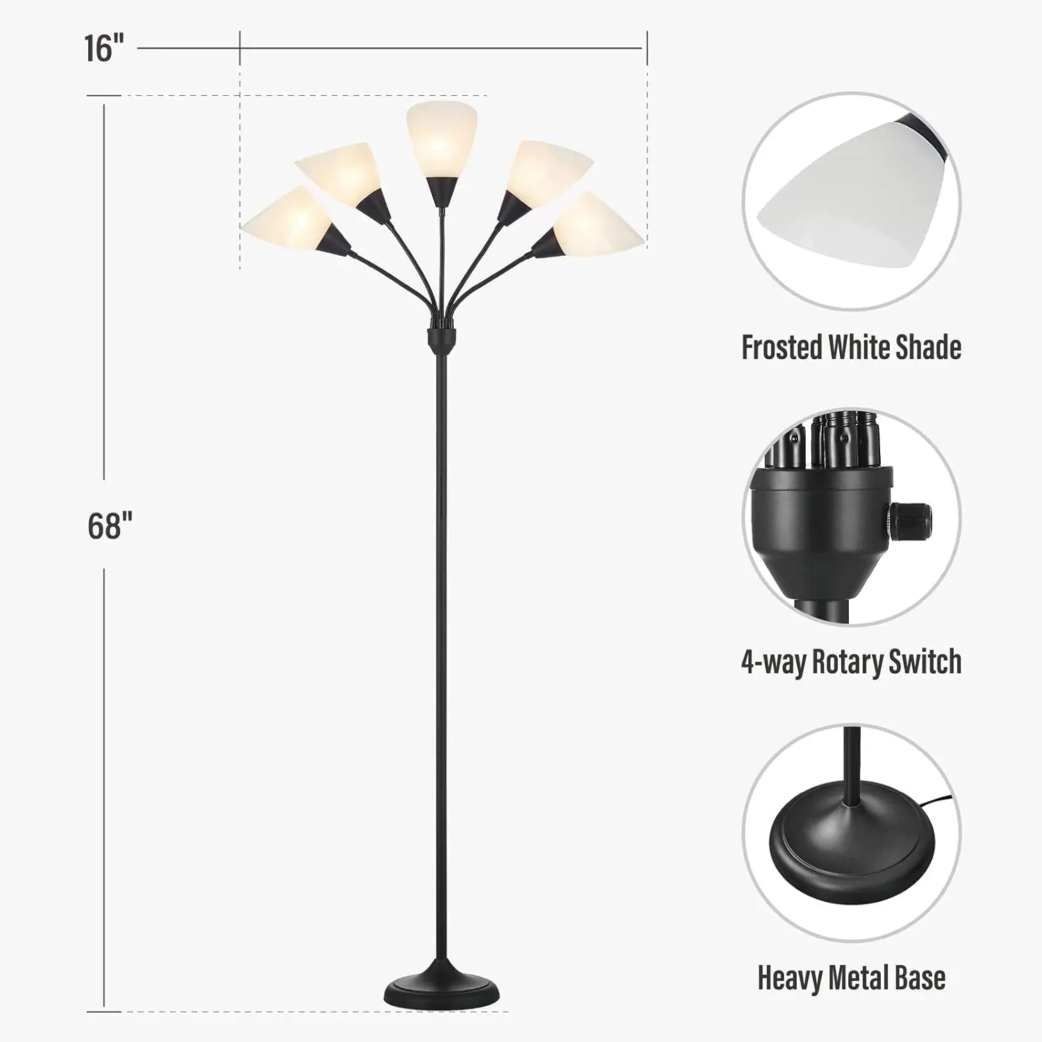 Medusa Floor Lamps Standing Lamps 5 Heads Adjustable Reading Light Large Shade Use E26 A19 Bulb Floor Lamps for Living Room Bedroom (Black)
