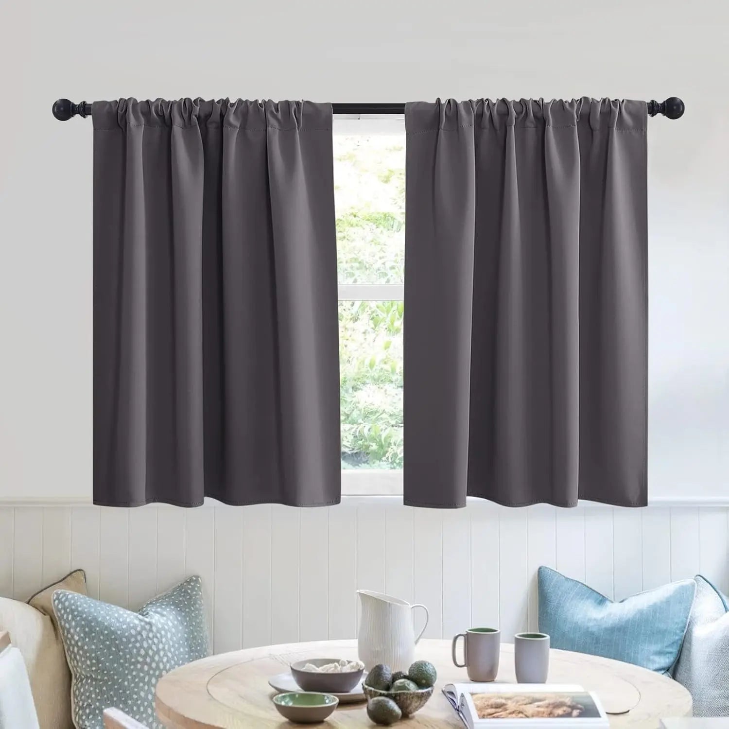 Short Blackout Curtains for Kitchen, Solid Half Window Treatment for Bedroom Energy Saving Privacy Shade for RV Camper Bathroom Basement, W42 X L30 Inches, Grey, 2 Panel Set