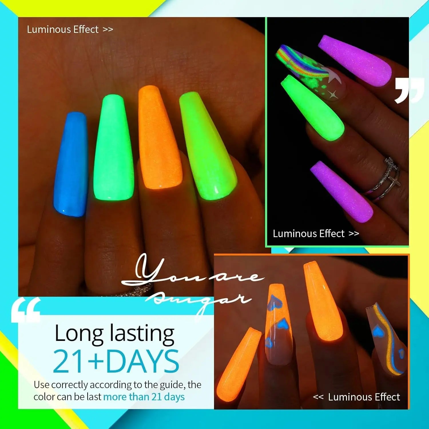 Glow in the Dark Gel Nail Polish Set, Halloween Neon Hot Pink Yellow Orange Bright Luminous Gel Polish Set Fluorescent 6 Colors Glow in Dark Effect Soak off Nail Polish Kit for Party Nails