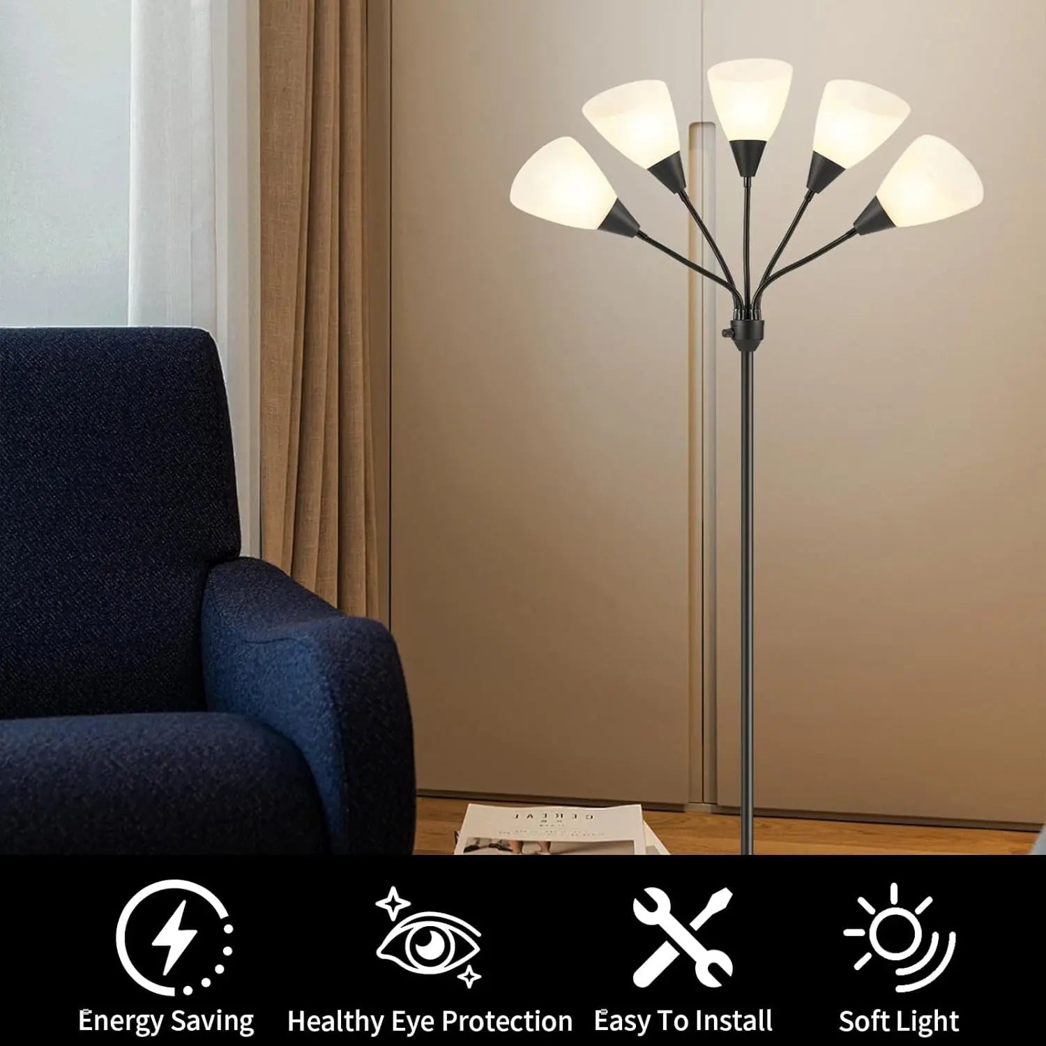 Medusa Floor Lamps Standing Lamps 5 Heads Adjustable Reading Light Large Shade Use E26 A19 Bulb Floor Lamps for Living Room Bedroom (Black)