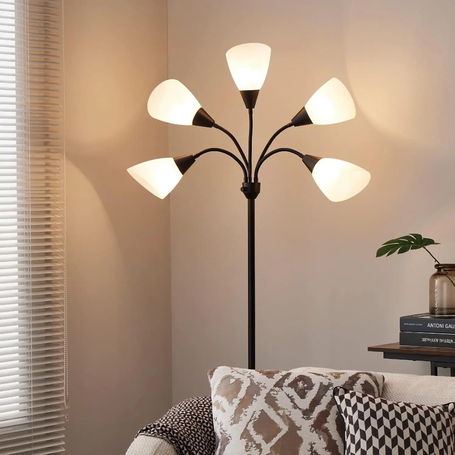 Medusa Floor Lamps Standing Lamps 5 Heads Adjustable Reading Light Large Shade Use E26 A19 Bulb Floor Lamps for Living Room Bedroom (Black)