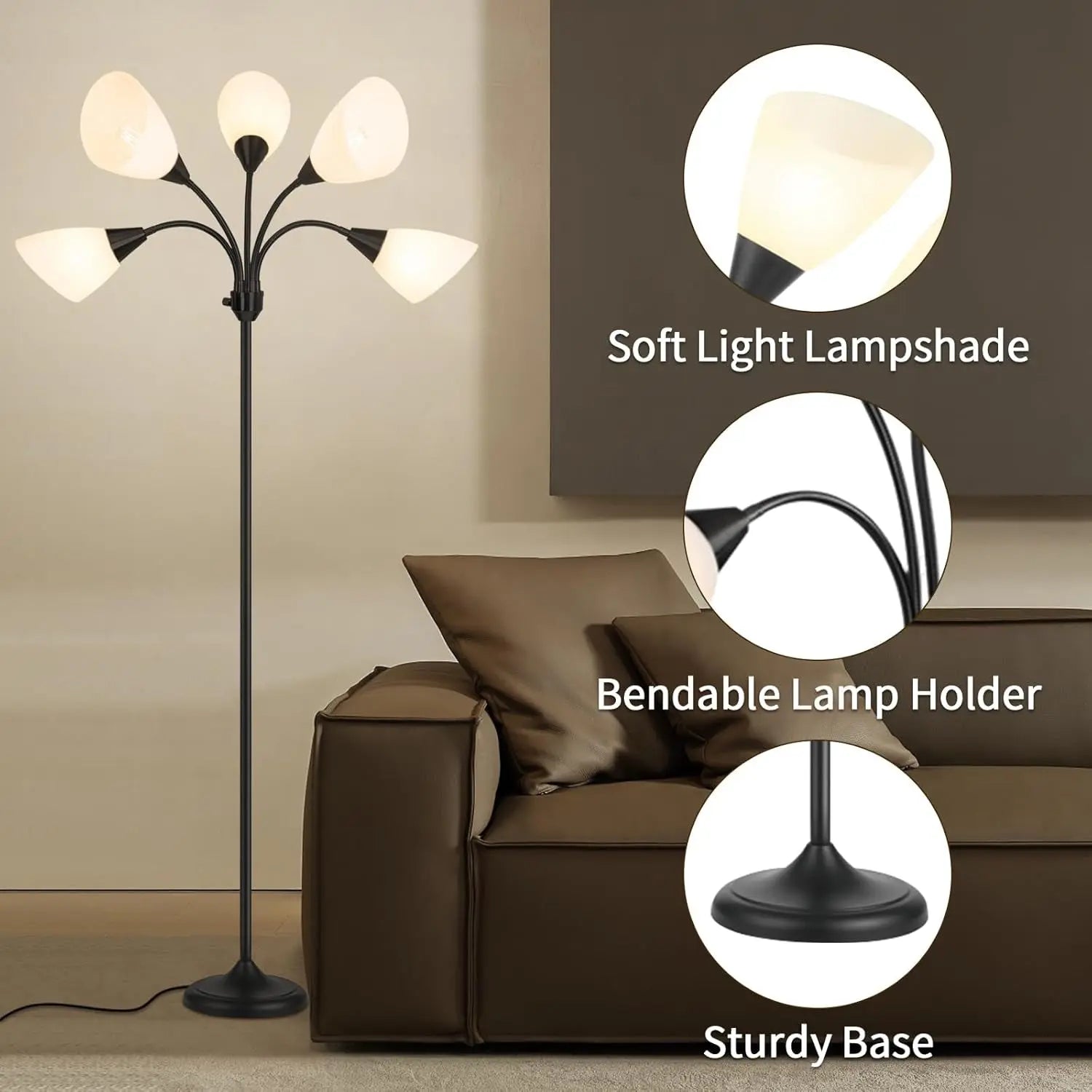 Medusa Floor Lamps Standing Lamps 5 Heads Adjustable Reading Light Large Shade Use E26 A19 Bulb Floor Lamps for Living Room Bedroom (Black)
