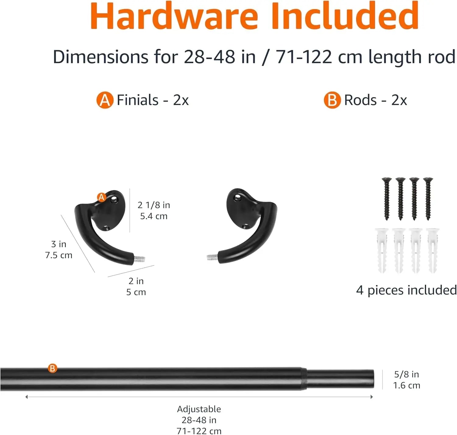 Adjustable Room Darkening Blackout Curtain Rod - 28" to 48", Black