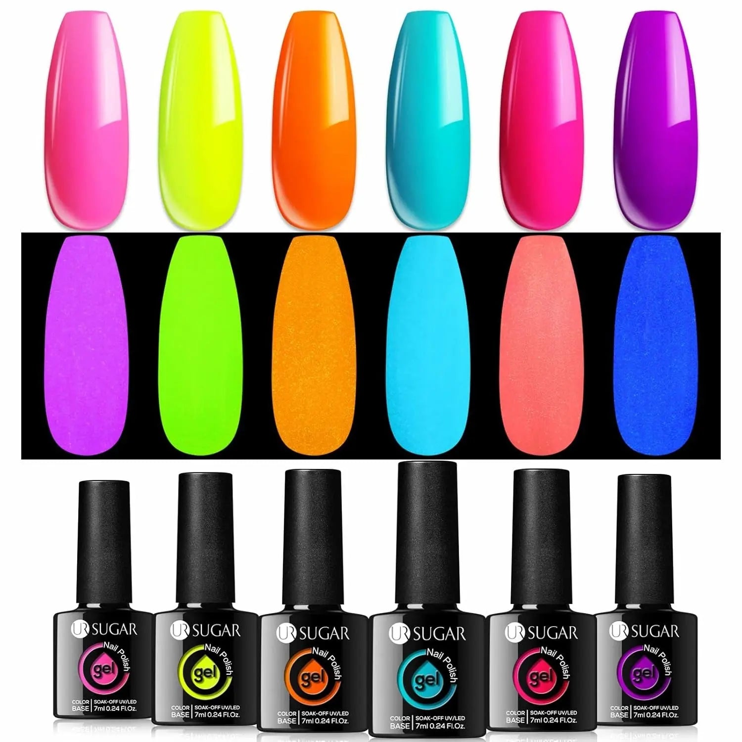 Glow in the Dark Gel Nail Polish Set, Halloween Neon Hot Pink Yellow Orange Bright Luminous Gel Polish Set Fluorescent 6 Colors Glow in Dark Effect Soak off Nail Polish Kit for Party Nails
