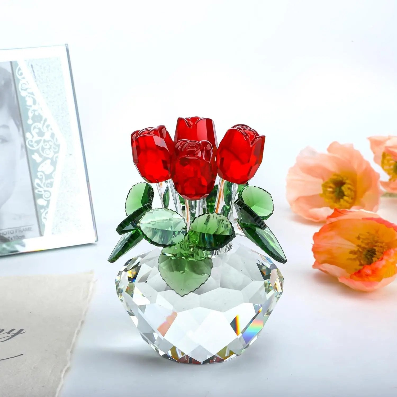Red Rose Figurine Ornament Spring Bouquet Crystal Glass Flowers Gift-Boxed