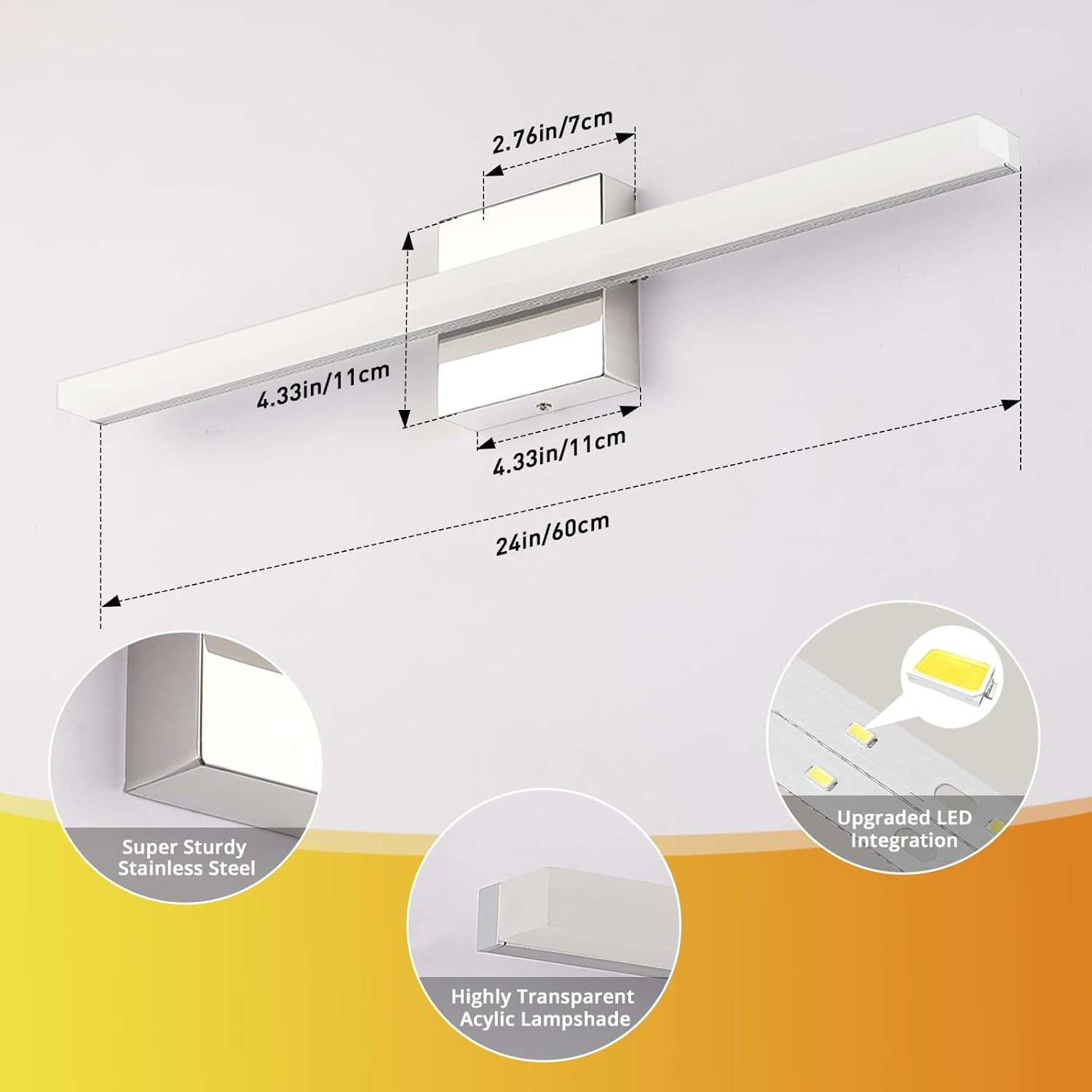 LED Bathroom Vanity Light Bar 24Inch 14W IP44 Chrome Shining over Mirror Lighting Fixture Indoor Wall Sconces Modern Bright White 4000K